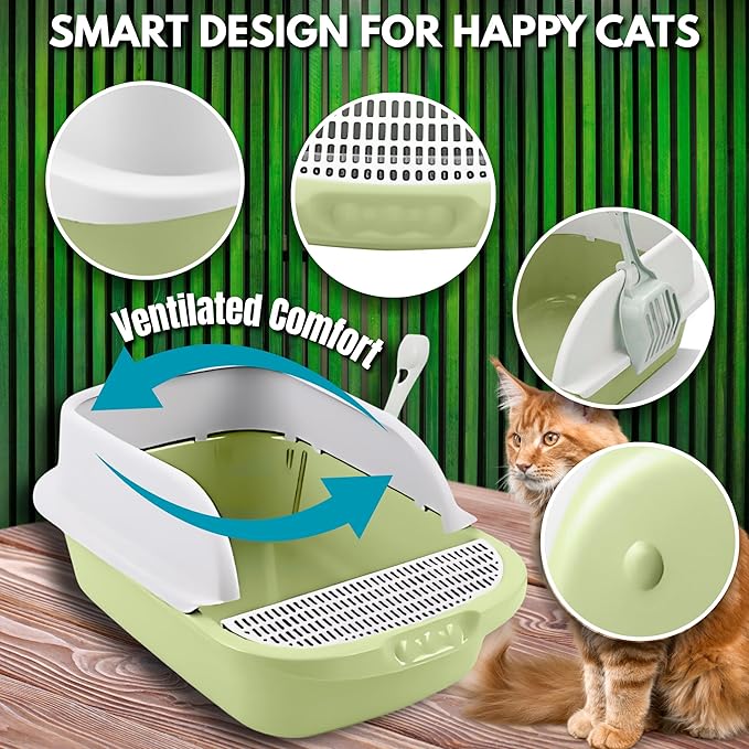 Large Open-Top Cat Litter Box with High Sides, Enclosed Scatter Shield Design, Easy Clean Plastic Litter Pan, Includes Scoop (Green)