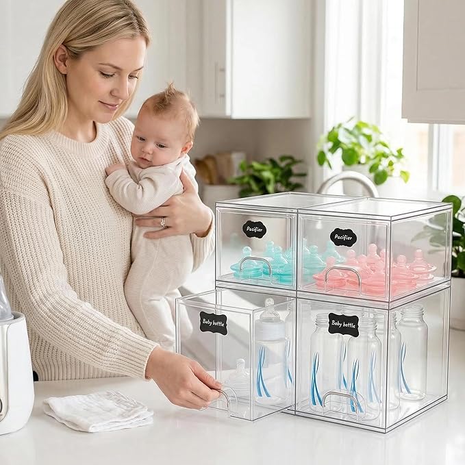 TOOGE Stackable Baby Bottle Organizer: Acrylic Bottle Organizer Baby Storage Drawers Clear Bottle Station Organization for Countertop Cabinet Vanity with 4 in 1 Cup Lid Cleaning Brush & Label - Tall