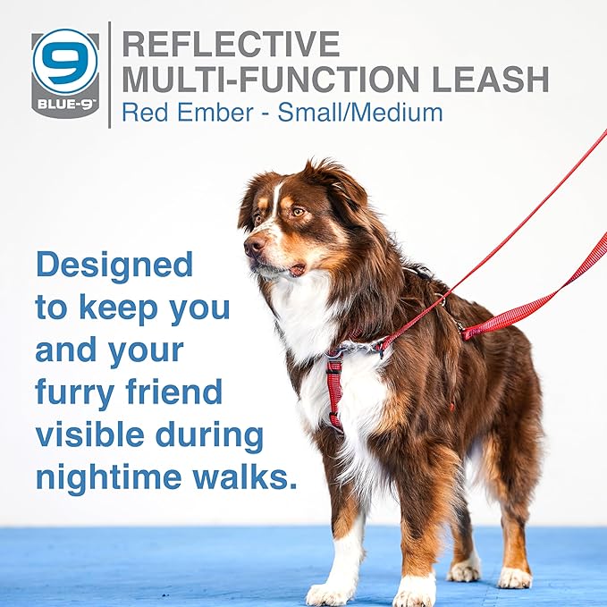 Blue-9 Reflective Multi-Function Dog Leash, Double Attachment Adjustable Lead for Obedience Training and Running, 6 Feet, Made in The USA, Small/Medium, Red
