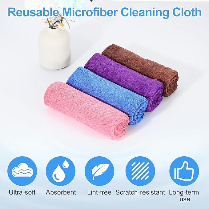 HARFINGTON 4 Pack Microfiber Cleaning Cloth, 28" x 12" Multi-Functional Cleaning Towels Reusable Absorbent Rags for Car Wash Kitchen Household Window Clean, Brown