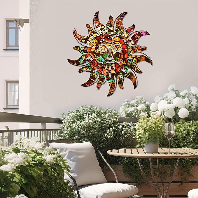 KOYILTD Unique Sun Metal Wall Art Outdoor Decor or Indoor Decor Multicolor and Rust Proof Wall Sculpture Farmhouse Metal Decorative Wall Art for Bedroom Living Room Garden Patio Pool (12 in, Sun A)