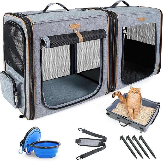 Lekereise 2-in-1 Cat Travel Carrier with Litter Box, (17.7" x2) x16.5"x13" Large Cat Carrier with Zipper Locks for Moving Across The Country (No Hammock) - Grey
