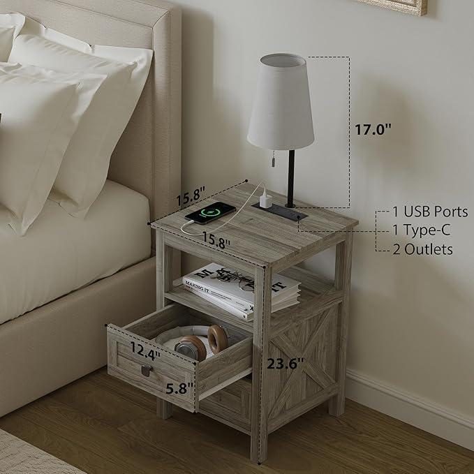 WOPITUES Nightstand with Charging Station, Farmhouse Night Stand with Drawers, Bedside Table, End Table for Bedroom, Living Room, Rustic Grey