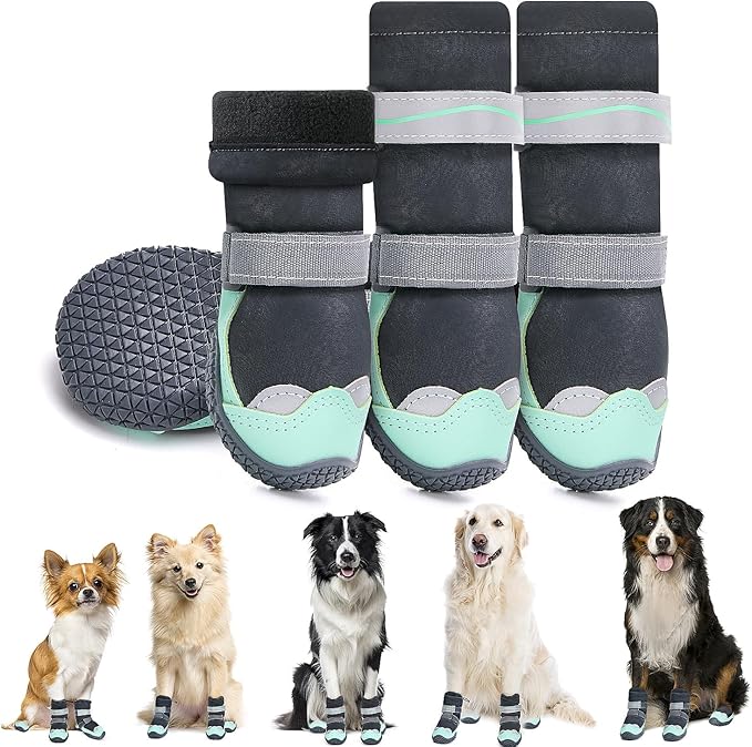 Lukovee Dog Shoes - Waterproof Fleece Lined Dog Boots for Large Small Medium Dogs, Reflective Booties with Non-Slip Rubber Sole for Rain Winter Cold Weather (Green,Size 6)