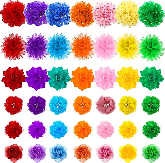Saintrygo 42 Pcs Dog Collar Flowers Bow Accessories Bulk Multi Color Dog Floral Charms Bow Tie Pet Flower Bows for Small Medium Large Puppy Cat Grooming Easter Wedding Birthday Parties(Cute Colors)