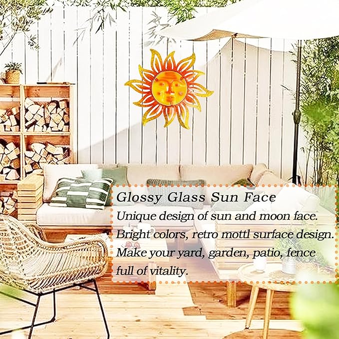 Metal Sun Wall Art Decor,12 Inch Retro Hanging Decor With Glass,Sun Face Outdoor Indoor Wall Decorations For Patio Yard Garden Fence Living Room Bedroom