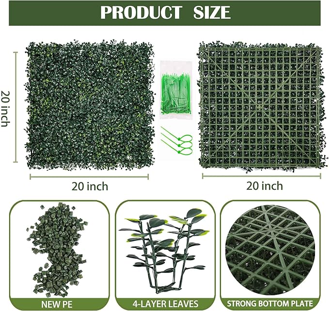 4PCS 20"x 20" Artificial Boxwood Wall Panels, UV-Anti Grass Wall Hedge Plant Panels for Indoor Outdoor Green Wall Decor Ivy Fence Covering Privacy