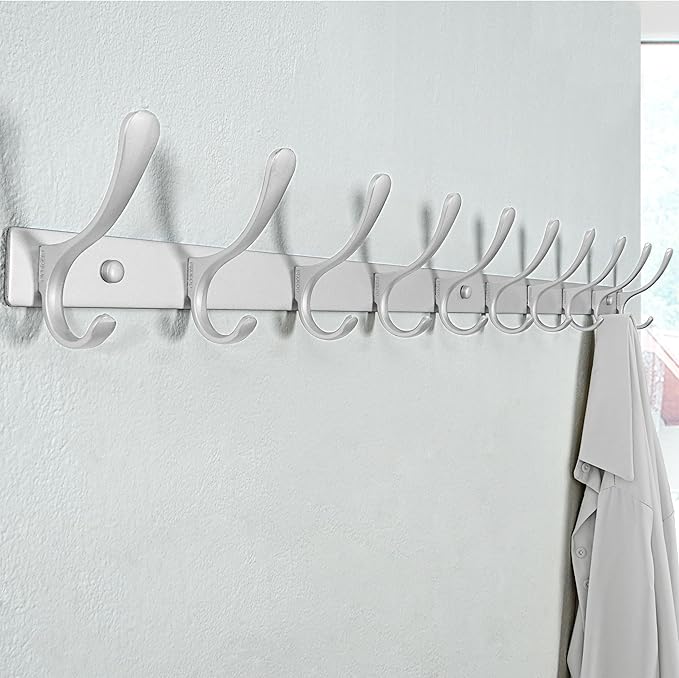SKOLOO Coat Rack Wall Mounted - 10 Hooks, Pack of 2, Heavy Duty, Stainless Steel, Metal Wall Hangers, Sturdy Coat Hooks for Hanging Coats, Jacket, Clothes, Hat, Cold Light Silver