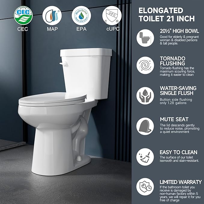Elongated Extra Tall Toilet 21 Inch for Seniors 1.28 GPF Tornado Single Flush - Two Piece Comfort High Toilet for Bathroom, 20.5 Inch Bowl Height 21.25 Inch Seat Height, 12" Rough In, White