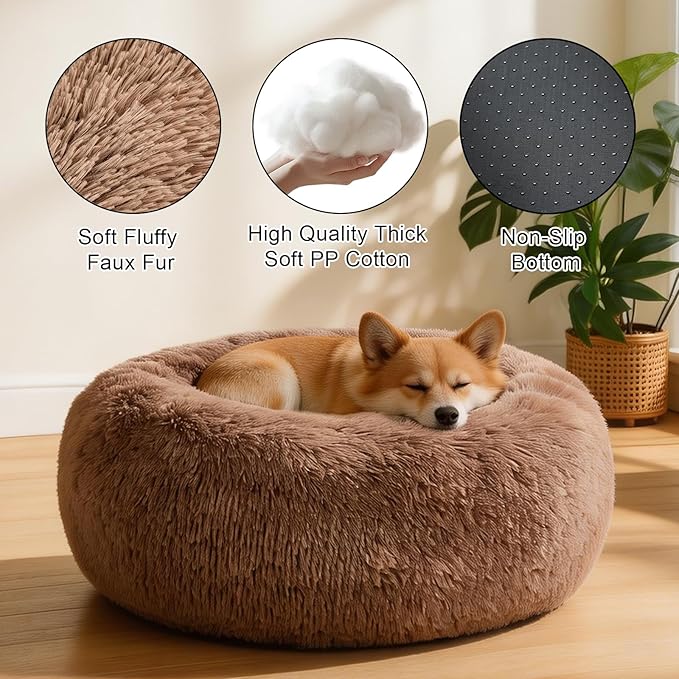 Dog Calming Beds for Small Medium Large Dogs - Round Donut Washable Dog Bed, Anti-Slip Faux Fur Fluffy Donut Cuddler Anxiety Cat Bed(28" Khaki