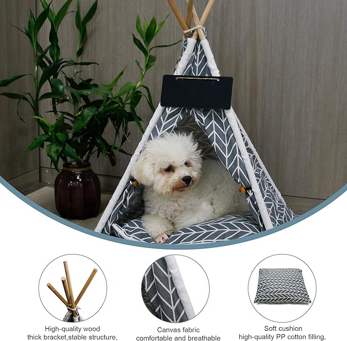 Pet Teepee, Portable Pet Tents for Small Dogs or Cats, Puppy Sweet Bed Washable Dog or Cat Houses with Cushion(Grey,24in)