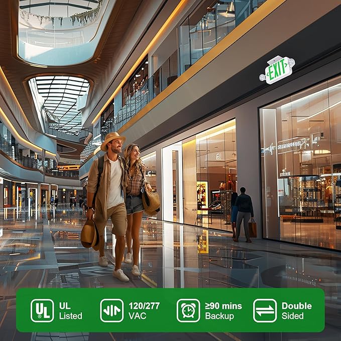 Emergency Exit Sign Lights Combo with Battery Backup, Double Sided Hardwired 6 Leds Exit Signs, Adjustable Heads Green Emergency Exit Lighting Ceiling/Wall Mount, UL Listed, AC 120/277V (1 Pack)