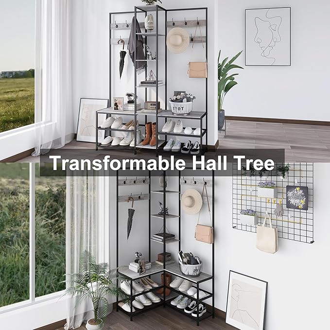GiftGo Corner Hall Tree with Shoe Rack Storage Bench Display Open Shelves Modern Industrial Entryway Coat Rack Stand for Home Living Room Mudroom Bedroom Multifuncitonal 5 in 1 (Greige)