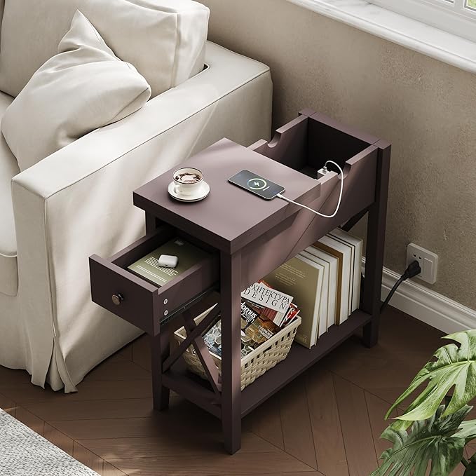 ChooChoo End Table with Charging Station, Narrow Side Table with USB Ports and Outlets, Nightstand with Drawer, for Small Spaces, Bedside Tables for Living Room, Espresso