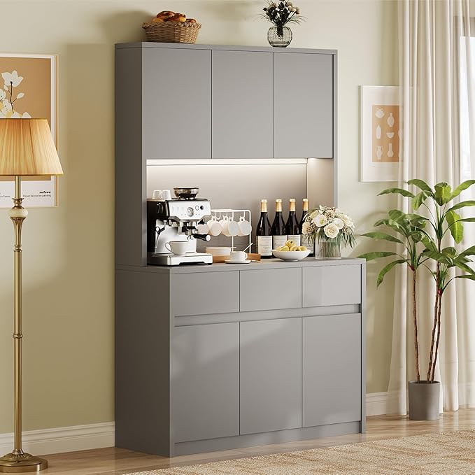 71" Tall Kitchen Pantry Cabinet, Adjustable Shelves & Doors and Three Drawers, Microwave Shelf, Coffee Bar with LED Lights & Charging Station, Corner Storage Hutch for Living Room, Gray