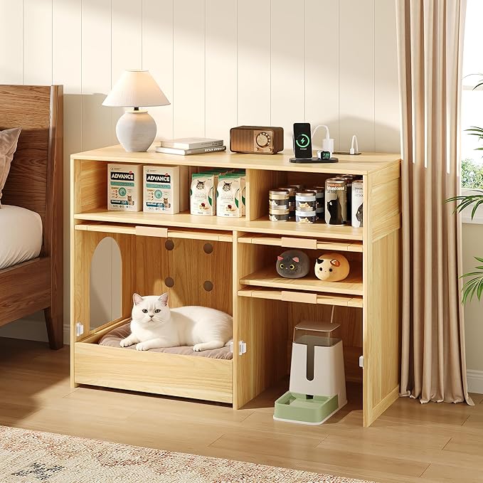 Cat Litter Box Furniture 42'' Hidden Enclosure with Litter Drawer, Litterbox Cabinet with Storage, Boho Rattan Style Indoor Cat House Washroom, Fits Most of Litter Boxes