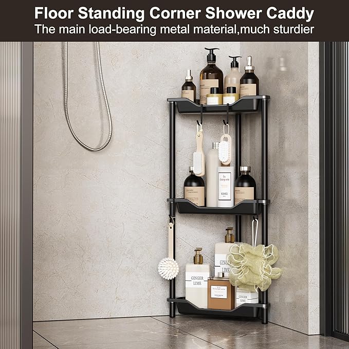Orimade Rustproof 3 Tier Floor Standing Corner Shower Caddy Organizer, Plastic Metal Splicing Floor Corner Shelf Rack Stands for Bathroom, Black