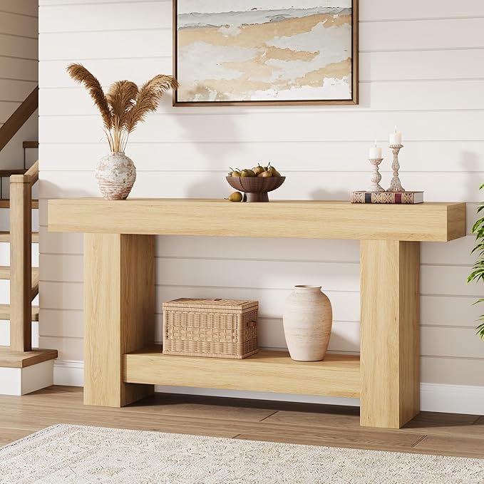 Garvee 63" Farmhouse Console Table with 2 Tiers and Storage – Large Wooden Sofa Table for Entryway, Hallway and Living Room
