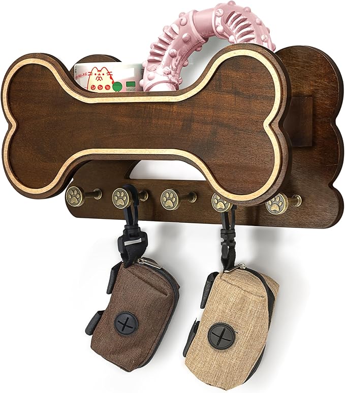 MTERSN Decorative Dog Leash Holder for Wall - Bone Shape Key Holder Wall Mount with 5 Cute 3D Doggie Paw Key Hooks & Floating Shelf to Organize Dog Stuff - Wall Decor Living Room for Pet (Dark Acacia)