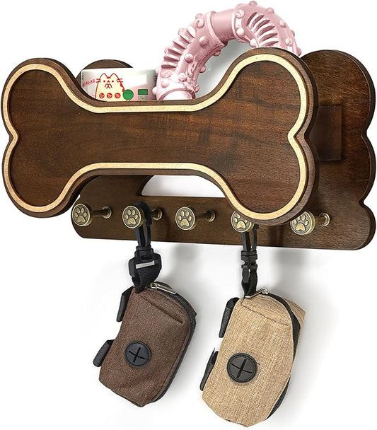 MTERSN Decorative Dog Leash Holder for Wall - Bone Shape Key Holder Wall Mount with 5 Cute 3D Doggie Paw Key Hooks & Floating Shelf to Organize Dog Stuff - Wall Decor Living Room for Pet (Dark Acacia)