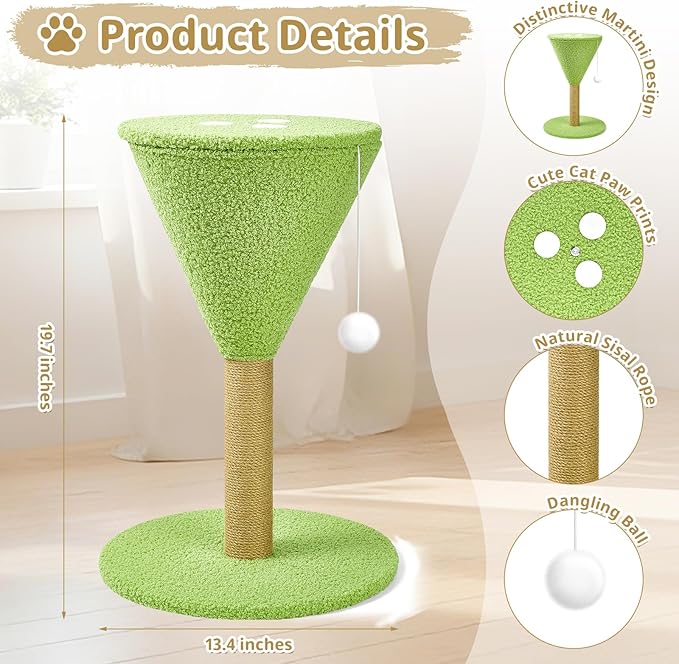 Green Martini Cat Scratcher 19.7" Tall Scratching Post with Interactive Ball and Perch Natural Sisal Rope Decorative Martini Glass Tree Tower for Indoor Kittens Small, Medium, and Large Cat