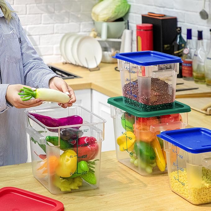 Lallisa 4 Pcs 8qt & 4qt Clear Food Storage Containers with Lids Handles and Scales, Stackable Plastic Square Food Storage Containers for Dough Proofing Baking Kitchen Restaurant(Blue, Green)