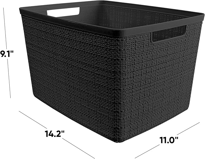 Curver Set of 4 Large 20L Jute Decorative Plastic Organization and Storage Baskets - Perfect Bins for Home Office, Closet Shelves, Kitchen Pantry and All Bedroom Essentials, Black
