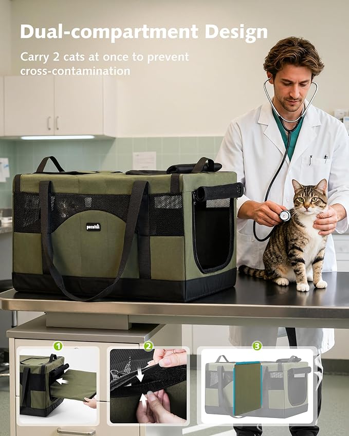Pecute Cat Carrier for 2 Cats,Dual Cabin Multi Cat Travel Carrier with Removable Divider and Sturdy Frame,Collapsible,Soft,can Hold 20lbs+ for 2 Small Kitten,Medium Dog,Extra Large for Travel,Green