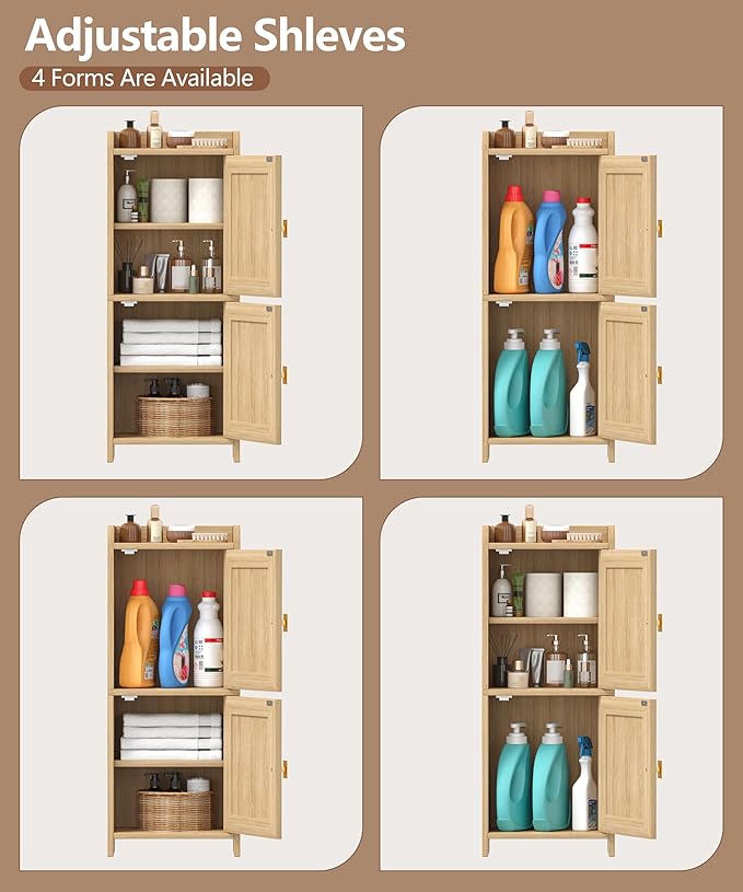 Rattan Small Bathroom Cabinet with 2 Doors, 7.9''D x 11.8''W Narrow Toilet Paper Storage Cabinet, Bathroom Organizer for Small Space, Wooden Slim Corner Unit with Adjustable Shelf, Natural Oak