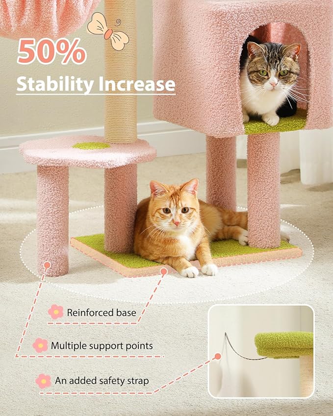 Flower Pink Cat Tree, 35.4" Cute Cat Tower Condo for Indoor Cats w/Large Padded Perch, Cat Scratching Post, Comfy Hammock, and Dangling Ball, for Small-Medium Cats