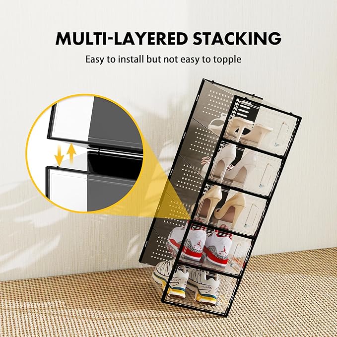 SEE SPRING Shoe Storage Boxes, White Plastic Stackable Shoe Organizer for Closet, Shoe Rack & Holder Sneaker Container, 12 Pack Black
