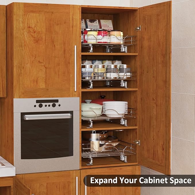 ROOMTEC Pull Out Cabinet Organizer - 14" W x 21" D, Slide Out Kitchen Cabinet Storage Shelves, Fits 15.5" Opening