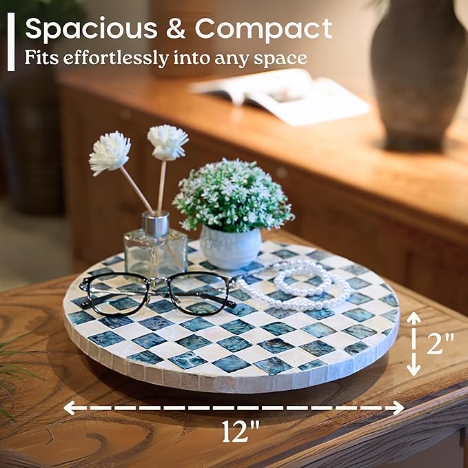 12" Checkered Lazy Susan for Tabletop, Handcrafted Mother of Pearl Turntable Organizer for Kitchen Counter, Coffee Table, Bathroom, Dining or Organizing (Navy Blue)