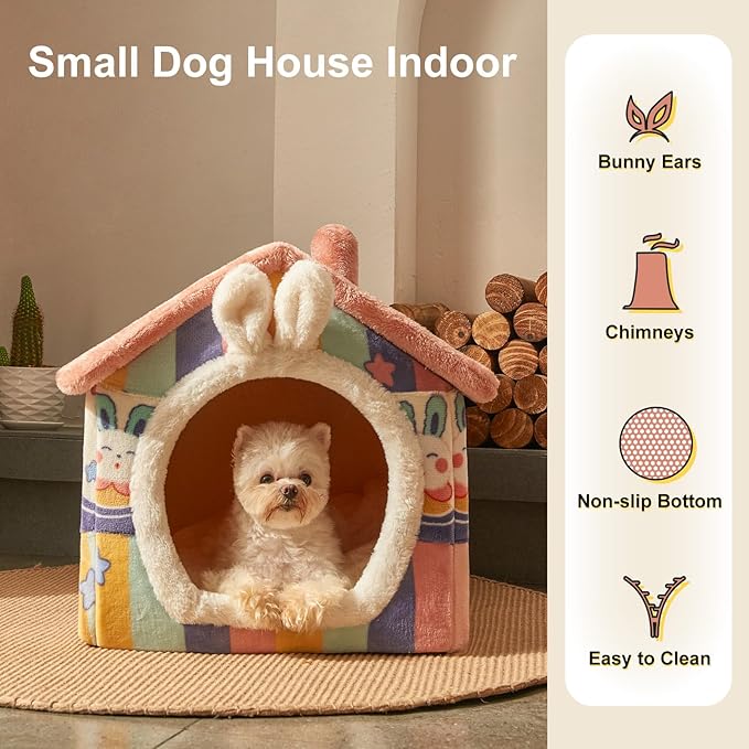 JIUPETY Cute Cat Beds for Indoor Cats, Foldable Cat House with Non-Slip Bottom, S Size Kitten Bed for 0-6 Lb Dogs and 0-8 Lb Cats, Rainbow