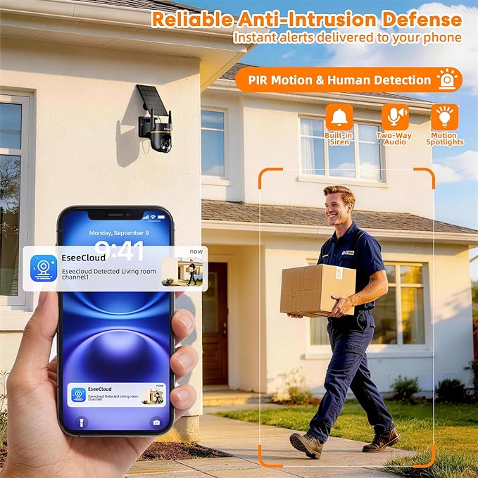 Lybuorz Outdoor Security Camera Wireless Solar Powered, 4MP HD Pan Tilt 360° View, IP65 Weatherproof, WiFi 6 Dual Band, AI Human Detection/Siren, 2-Way Audio, Color Night Vision, SD/Cloud Storage