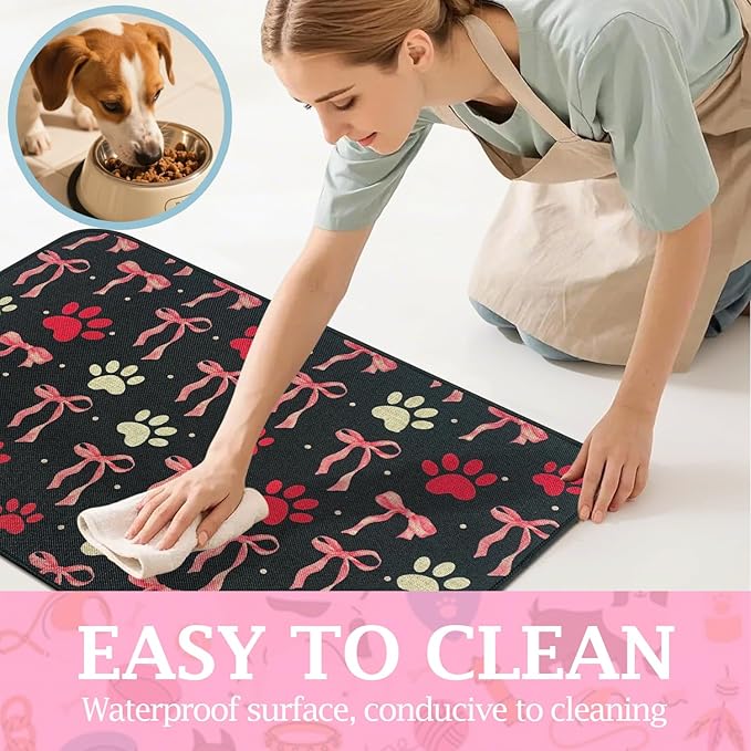 SHIYUE Dog Food Mats for Floors, Absorbent Cat Bowl for Food and Water, Non-Slip Accessories Pet Supplies(17"x30",Black Bow Footprint)