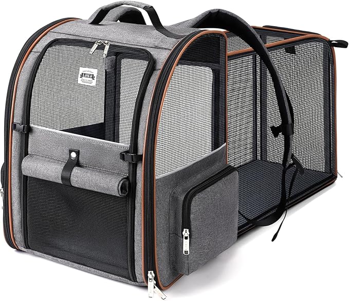 Lekebobor Large Cat Backpack Carrier Expandable Pet Carrier Backpack for Small Dogs Medium Cats Fit Up to 18 Lbs, Dog Backpack Carrier, Foldable Puppy Backpack Carrier for Travel, Hiking, Grey