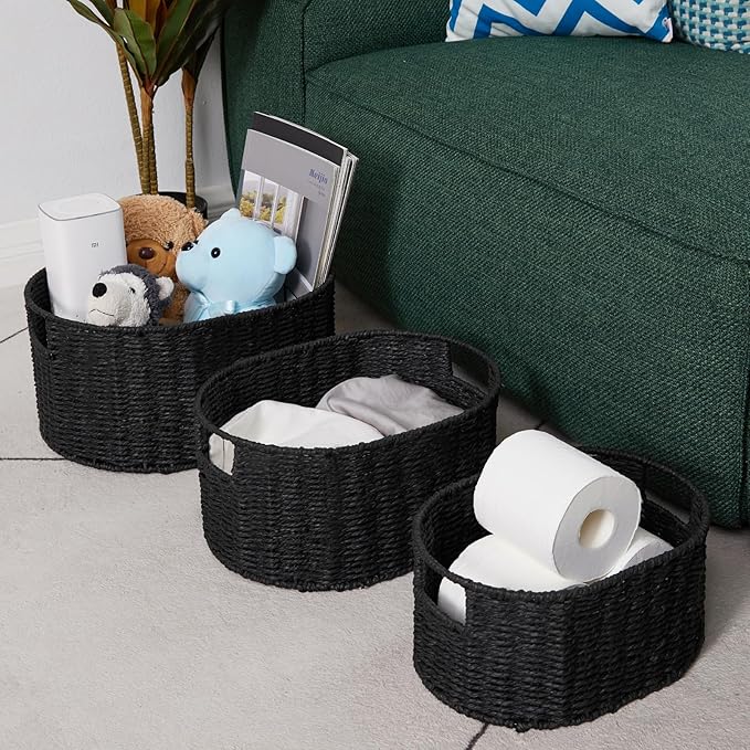 Vagusicc Wicker Basket, Set of 3 Round Storage Baskets for Organizing, Woven Paper Rope Wicker Storage Basket with Handles, Black Cube Storage Organizer Bins Baskets for Shelves & Decor, Black