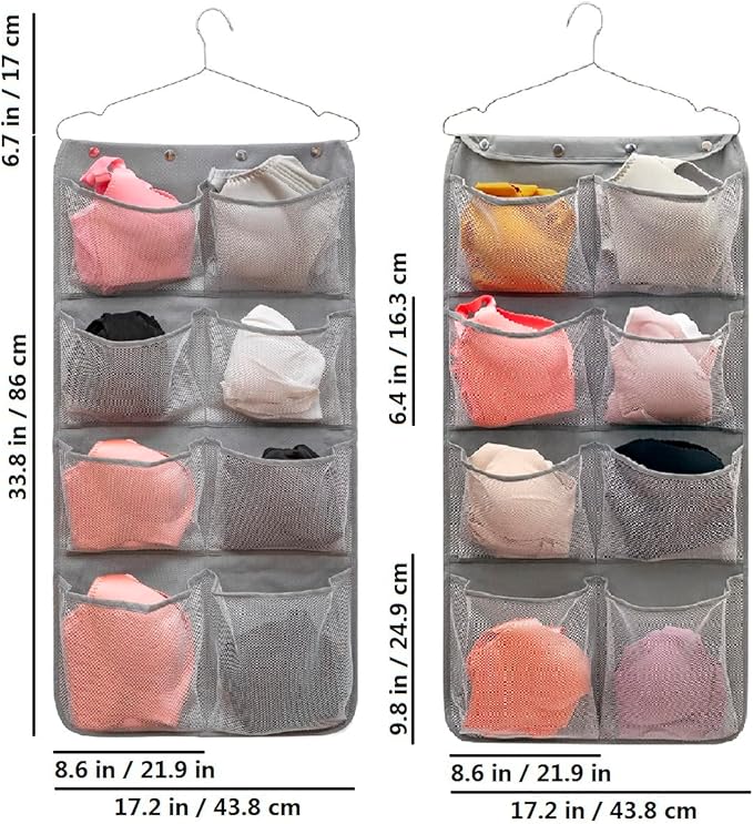 Dual Sided Hanging Closet Organizer Durable Socks Stocking Clothes Bra Accessories Storage Bag With 16 Large Pockets (Nylon Mesh Pockets)