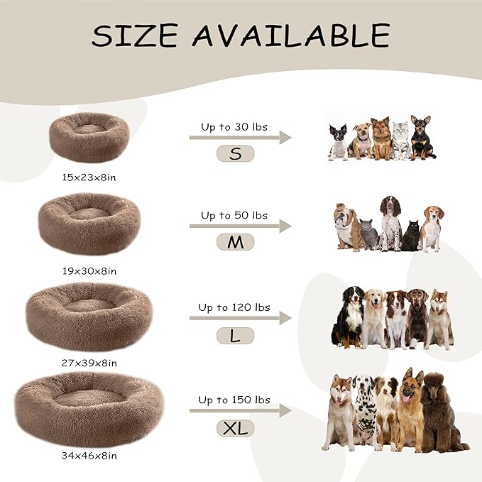 46'' inch Calming Dog Bed, Plush Anti-Anxiety Donut Dog Bed for Large Dogs, Warming Cozy Soft Cute Round Washable, Marshmallow Cuddler Nest Pet Bed, Brown