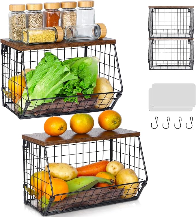 2 Tier Fruit Basket for Kitchen Counter, Hanging Fruit Baskets for Kitchen, Wall Basket Storage with Hooks, Stackable Wire Baskets for Storage Pantry, Potato and Onion Storage Bins with Wooden Lid