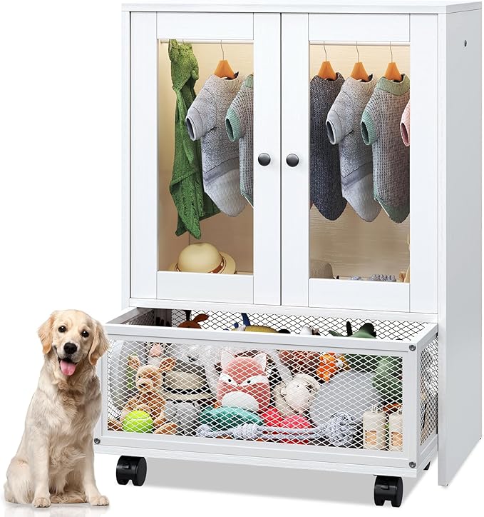 TC-HOMENY Pet Wardrobe Closet with Transparent Doors, Wooden Dog Closet with Clothes Hanger, Pet Storage Display Cabinet, Dog Toy Drawer with Wheels, Pet Organization and Storage for Pet Accessories