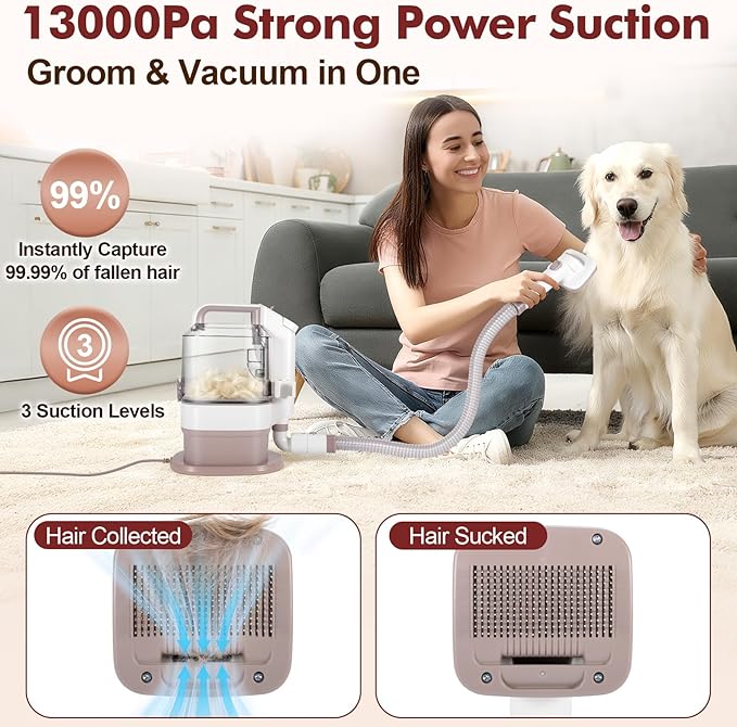 Dog Grooming Vacuum, 12000Pa Powerful All-in-One Pet Grooming Vacuum for Dogs Cats, Low Noise Pet Hair Clipper with 3.2L Dust Cup for Shedding Pet Hair, Low Noise, 3 Levels, White