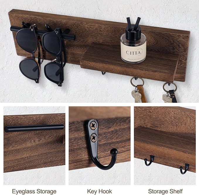 Key Holder for Wall, Decorative Entryway Shelf with Hooks Holds Keys, Dog Leash, Sunglasses – Key Hanger with 3 Hooks Organizes, Enhances Home Decor (15” x 4.5” x 2.6”) (Brown)