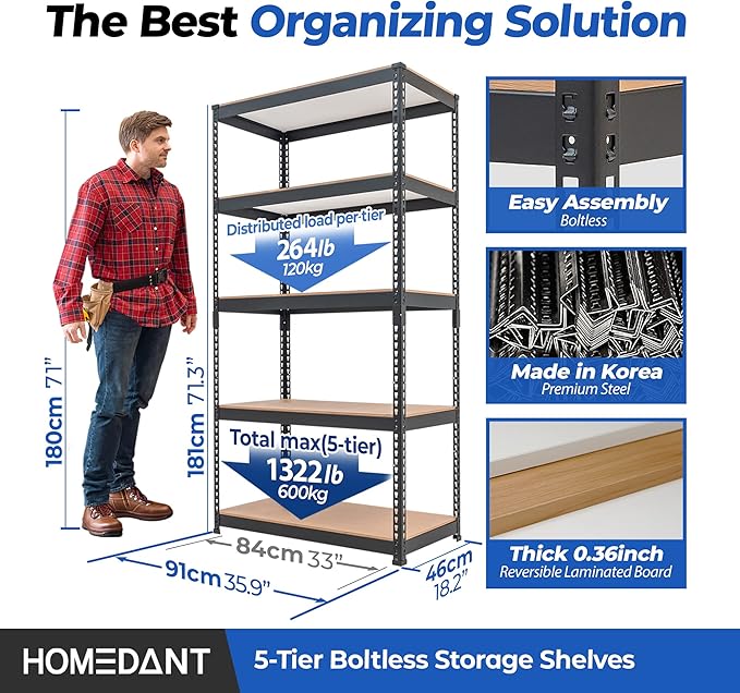 HOMEDANT 35.9" W Deep Width 5 Tier Heavy Duty Garage Shelving Adjustable Metal Rack Storage Shelves Standing Shelf Unit Organizers Pantry Closet Black 1Pack