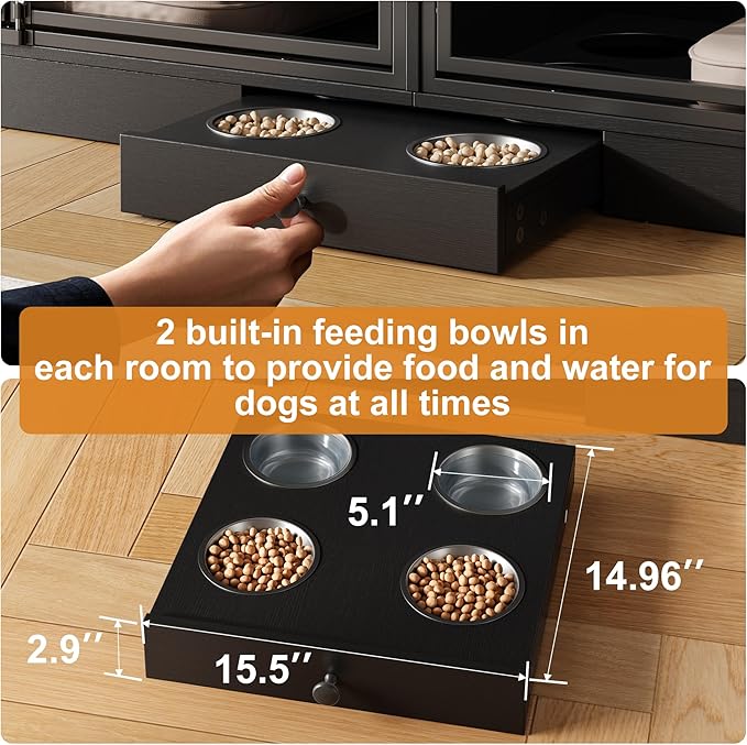 GarveeHome Dog Crate Furniture for 2 Dogs, Dog Kennel Indoor with 4 Storage Drawers and Feeding Bowls, Double Dog Crate TV Stand for Small Medium Dogs, Black