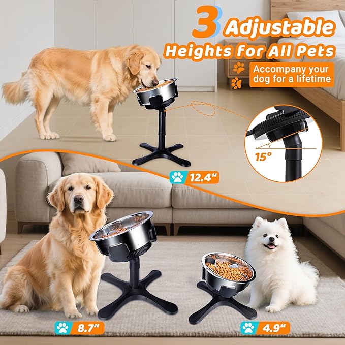 Elevated Dog Bowls Slow Feeder, 3 Adjustable Stand Heights and Width, Non-Slip Foot Mats, Tilting Raised Dog Bowls for Small, Medium and Large Dogs Breed (2 Pack), Black