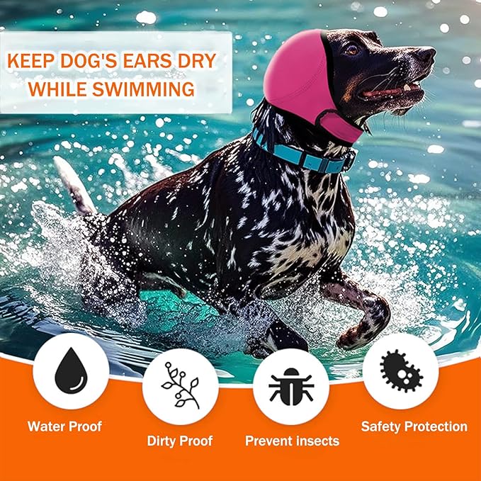 BAMY Swimming Waterproof Dog Ear Caps, Calming Large Dog Ears Cover, Pet Shower Muffs for Ear Protection for Bath for Grooming (Pink, M (Head Circumference 14"-19"))