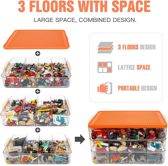 WANLIAN Storage Containers with Building Plate Lid, Acrylic Stack-able Organizer Bin Chest, Brick Toy Storage Organizer with handle, Bin Storage, Storage (Does not include Bricks)