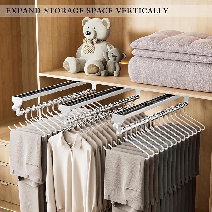 2 Pack Pull Out Closet Rod, 15.7inch Heavy Duty Pants Rack, Adjustable Clothes Hanger Rail, Space Aluminum Valet Rod, Top Mounted Wardrobe Clothes Organizer, Closet Storage for Trousers Coats White
